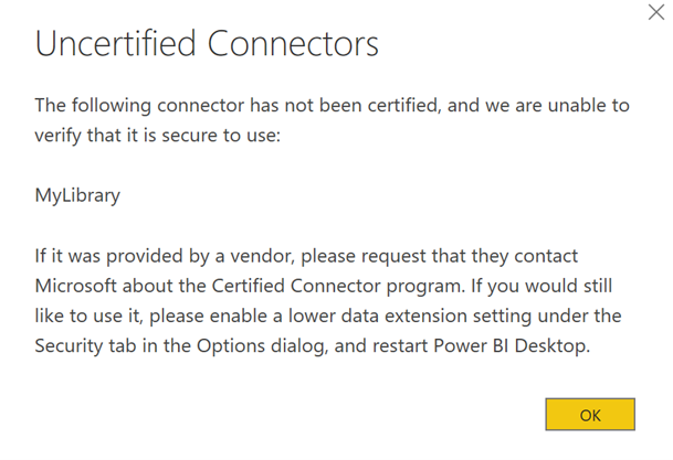 Uncertified Connectors pop-up